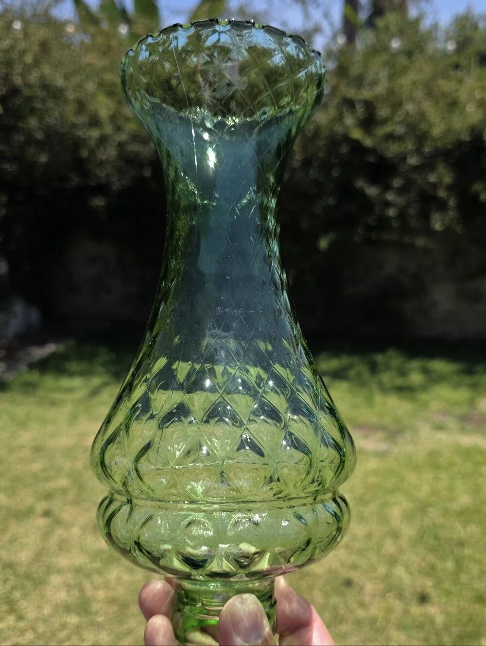 Vintage Emerald Green Glass Hurricane Lamp Shade Diamond Pattern Piecrust